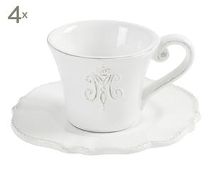 Kaffeetassen Monogramm mit Untertassen, 4 Stück, weiß, H 6 cm