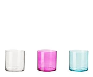 Set de 3 vasos de cristal – transparente, rosa y azul