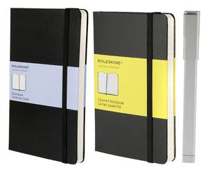Set de cuaderno cuadriculado, sketchbook liso y bolígrafo plano de metal