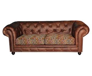 divano a 2 posti in pelle anticata e cuscini millerighe Old England - 192x96x76 cm