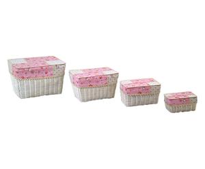 Set di 4 scatole in midollino e tessuto con coperchio Patchwork - rosa