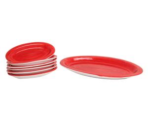 Set di piatti ovali in ceramica Pennellato rosso - 7 pezzi
