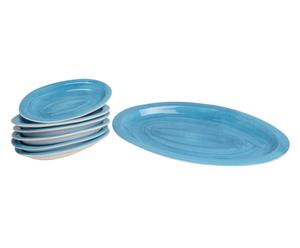 Set di piatti ovali in ceramica Pennellato turchese - 7 pezzi