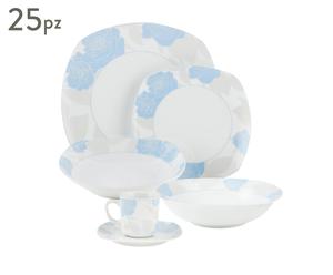 Servizio piatti in porcellana Roses bianco e azzurro - 25 pz