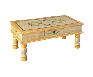 Tavolino basso in acacia decapato e decorato con cassetto - 100X50X49 cm