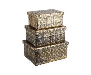 set di 3 scatole in poliestere con coperchio oro e nero