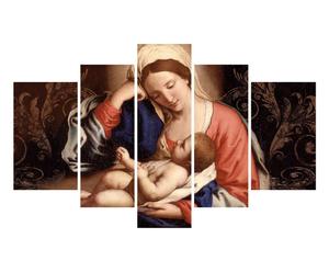 Composizione di 5 stampe su legno e carta madonna con bambino - 60x105 cm