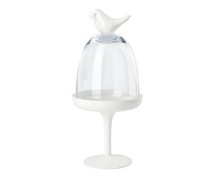 Alzata per alimenti in resina con campana in vetro Uccellino - h 27 cm