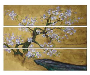 Composizione Di 3 tele Dipinte A Mano Primavera Giapponese