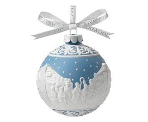 Porseleinen kerstbal Carol Singers, wit/blauw, diameter 8 cm