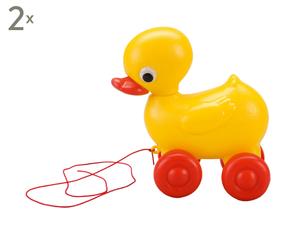 Set van 2 speelgoed Eendjes op wielen, geel/rood, 17 x 23 cm