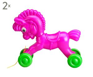 Set van 2 speelgoed paardjes op wielen, roze/groen, 32 x 26 cm