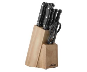 7 noży, widelec, nożyczki i drewniany blok „Stratus”