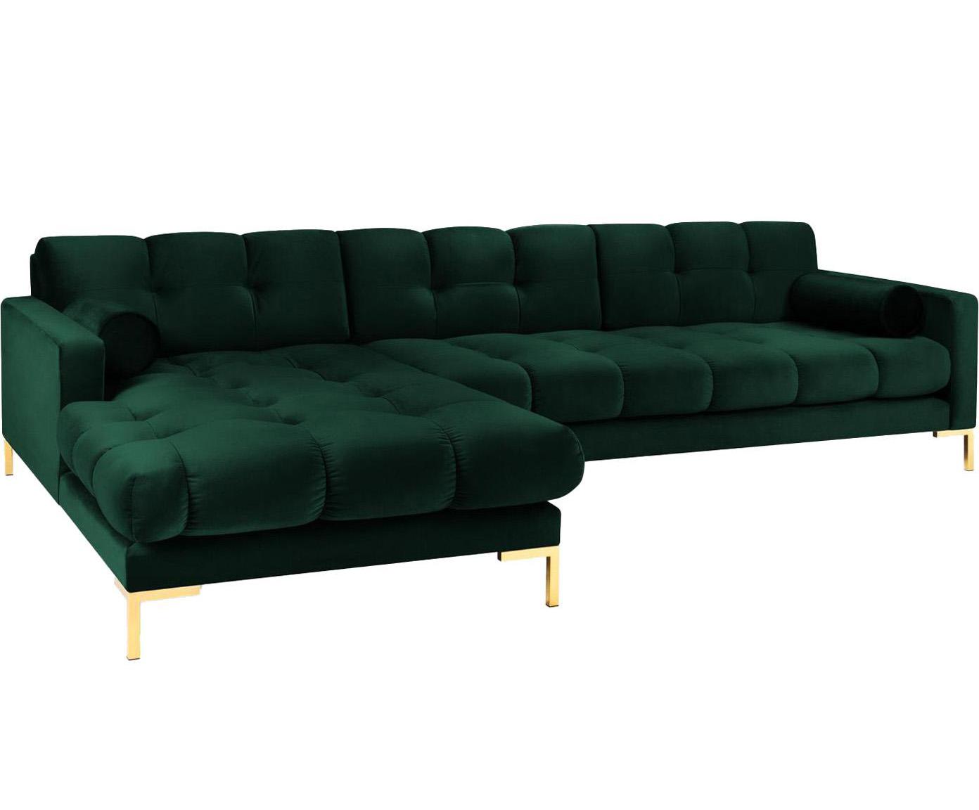 Sofa narożna 5-osobowa lewostronna „Bali Bottle Green & Gold Metal”, 293 x 185 x 75 cm